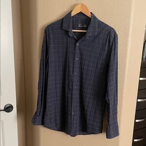 Tasso Elba Men’s Long Sleeve Dark Blue/Brown Checkered Shirt Size L